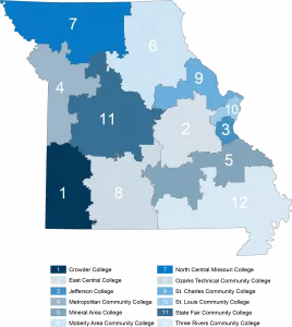 9 = SCC; Missouri Community College Service Areas