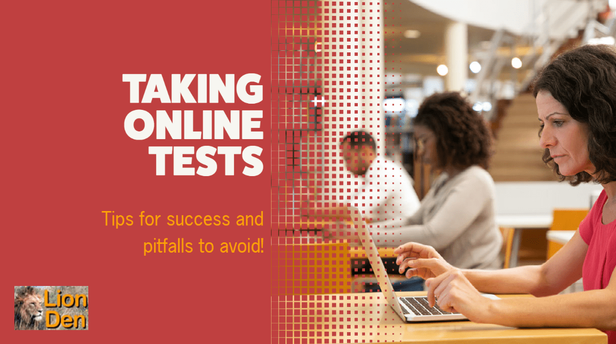 photo of students taking online test with text: taking online tests, tips for success and pitfalls to avoid